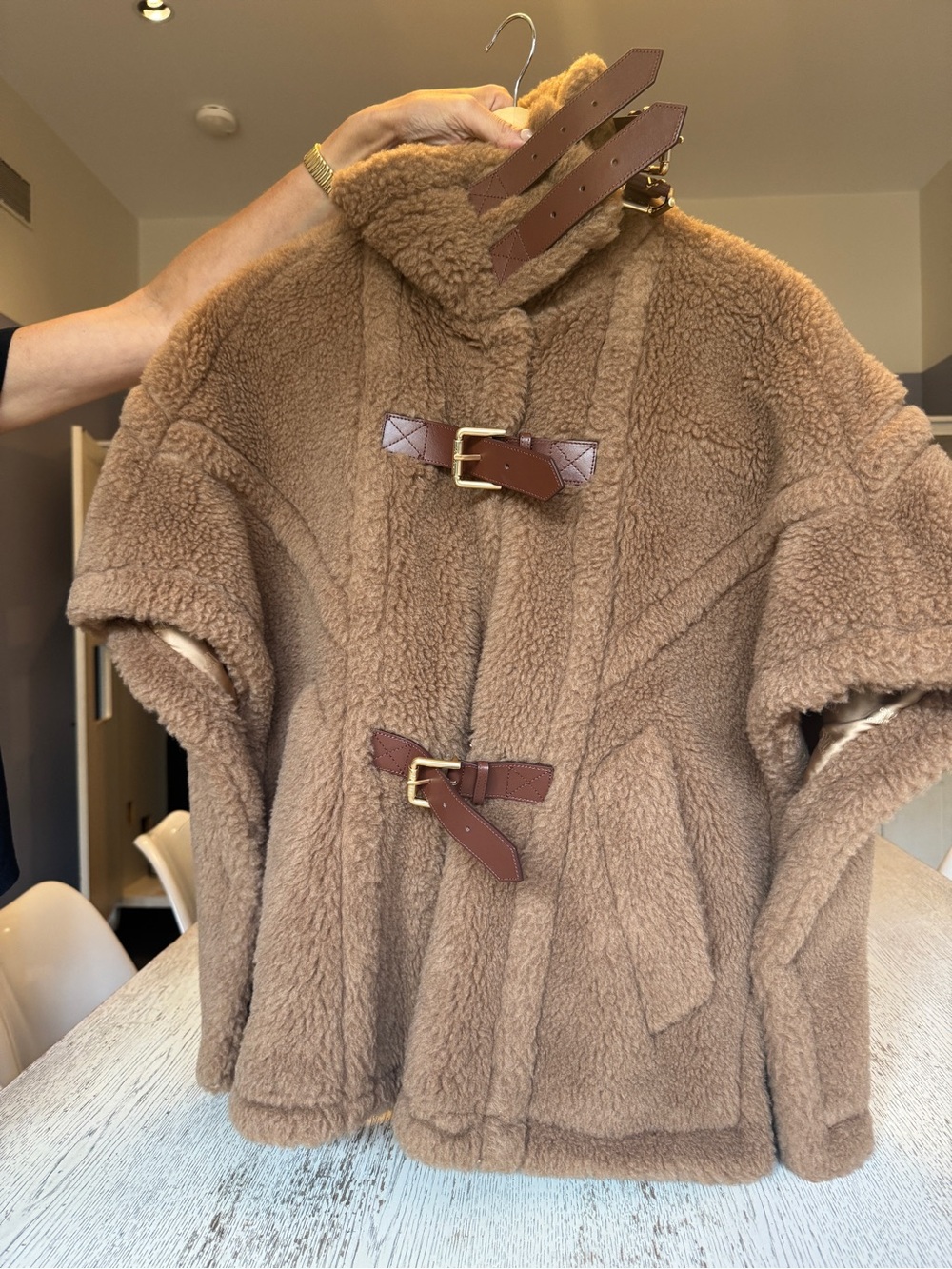 MaxMara Camel Sherpa Toggle Coat with Leather Straps